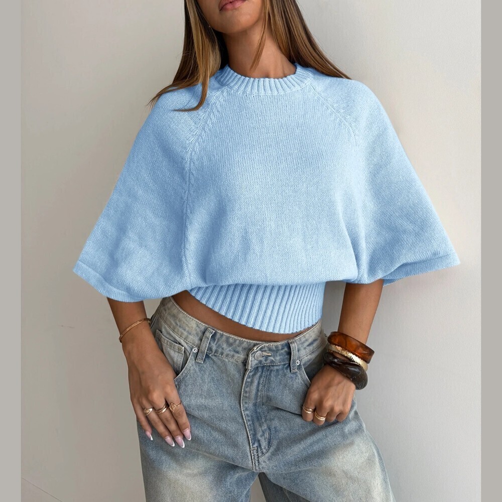 Sky Blue Ribbed Hem Batwing Sleeve Cropped Sweater